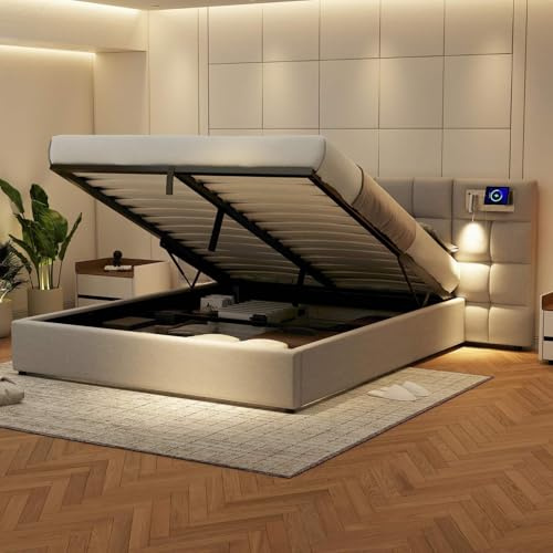KOMHTOM 180x200 cm Lit Double Rembourré Hydraulique avec Wireless Charging et Lampe Éclairée - Cadre avec Sommier à Lattes en Bois - Modernité (Sans Matelas) (Gris)