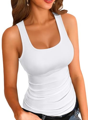 VICHYIE Camisetas de verano para mujer con cuello cuadrado sin mangas Camisas sexy de corte bajo camisetas acanaladas camiseta básica casual ajustada Slim, Color blanco., XL
