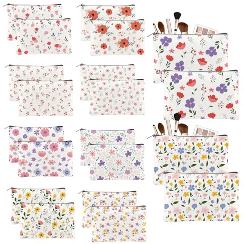TWINKLEMON 20PCS Flower Canvas Makeup Bags Bulk Floral Cosmetic Bags for Women and Girls Multicolor Travel Pouch Wildflower Canvas Toiletry Bag Bulk Makeup Organizer Bags for Friendgiving Friend Gifts