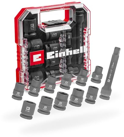 Juego de llaves de impacto originales Einhell de 12 piezas (acero CrMo, tamaños de 10-21 mm, extensión de 125 mm, L-CASE con incrustaciones de EVA, compatible con trinquetes de 1,27 cm y llaves de