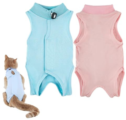 GIEEU Katzen-Genesungsanzug, chirurgischer Genesungsanzug, nach Operationen, für weibliche Katzen, weiches und atmungsaktives Modalgewebe, Rosa und Blau, Größe M (2-4 kg Katze), 2 Stück