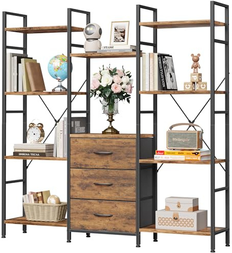 OYRREU 100W x142Hcm Tall Bookcase with 3 Fabric Drawers, 4 Tier Book Shelf Unit, 100cm Wide and Large Bookshelf Storage Unit for Living Room Garden Bedroom Home, Industrial Wood Open Shelves Display