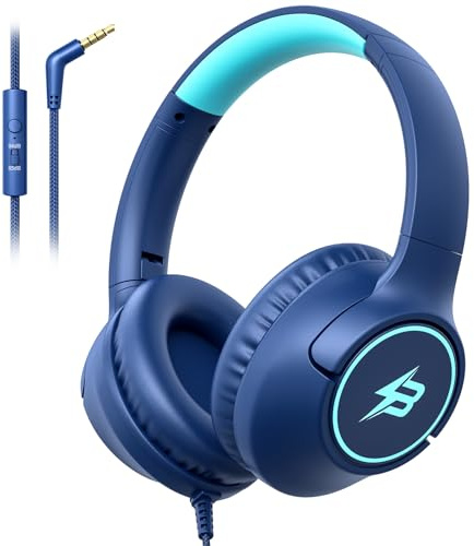 Kids Headphones Wired for School, 3.5mm Safe Volume Limited with Mic, Navy