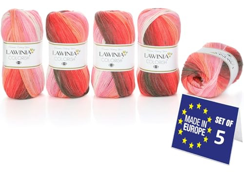 LAWINIA COLORISH Lyxigt regnbågsgarn DK, regnbågsull för stickning, förpackning med 5 vardera 100 g - 350 m 100 % akryl DK stickgarn, flerfärgad ull, ombre garn