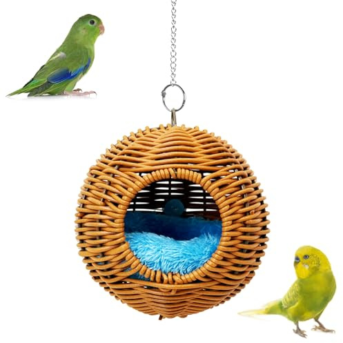 BNOSDM Rattan Bird Nest Parrot Nesting House Parakeet Hanging Swing Soft Lovebird Warm Bed Sleeping for Parrots Bird Cage Accessories for Cockatiels Budgerigars Finches Canaries (Single-Hole Style)