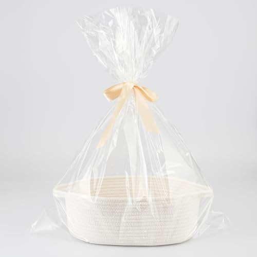 Cesto Regalo Vuoto in Corda di Cotone con Sacchetto e Nastro, Cestino Portaoggetti Intrecciato Multiuso, Cestini per Baby Shower, Bagno, Camera, Pasqua, Compleanno, Contenitore per giocattoli, Bianco