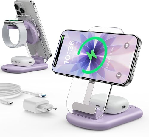 Chargeur Mag Safe, Station de Charge Apple Watch et iPhone, Station de Charge 3 en 1 Compatible avec iPhone 17e 17 16 15 14 13 12 Pro Max/Air/Plus/Pro, pour Apple Watch 10/9, Airpods 3/2/Pro, Violet