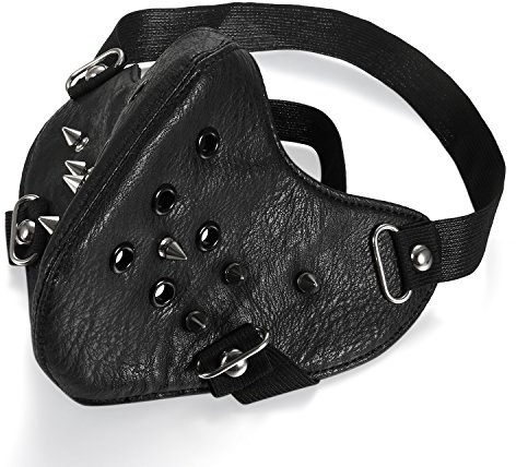 JewelryWe Schmuck Gotic Punk Motorrad Maske Sturmmaske Skimaske Gesicht Maske aus Leder - Spike Spitze Nieten Schwarz