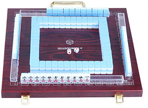 Erencook Miniature Chinese Mahjong Game Set with Foldable Table 144 Mini-Tiles, Case, and Accessories, Travel Set (Blue, 22MM)