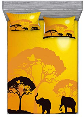 ABAKUHAUS Safari Buntes Spannbetttuch- und Kissen-Set, Abstrakt Wildlife, Dekoratives und Bedrucktes 3-teiliges Bettwäscheset, 180 cm x 200 cm, Erde Gelb Dunkelbraun