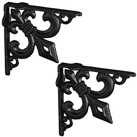 Relaxdays Équerre étagère Murale, Lot de 2, Ancien, Support en Fonte de Fer, avec Ornement lys, Vintage, Noir