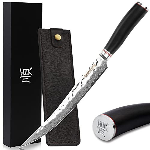 YOUSUNLONG Couteau à Trancher et à Découper 10 Trancheuse à jambon en acier martelé japonais Damas Lame de rasoir - Manche en ébène naturel avec fourreau en cuir