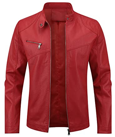 Sliktaa Giacca da uomo in Similpelle ecologica invernale con Collo Alto di Transizione Matelassee Moto Pilota Zippato Cerniera Casual Giacca in Pelle Cool Classic, rosso, L