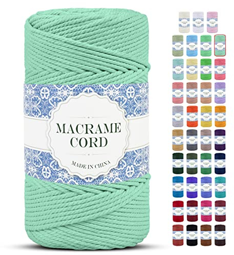 Uiopa Makramee Garn 4mm x 200m Natürliche Baumwollkordel Baumwollseil Baumwollgarn Baumwollschnur, Macrame Cord 4mm für DIY Basteln Stricken Wandbehang Pflanze Aufhänger Boho Deko (Minzgrün)
