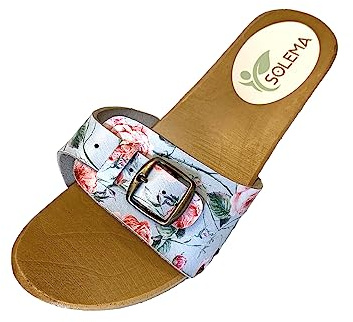 Solema RINA Leather Slip-on Womens Sandal Clogs Slides Mules Slippers Sabot Shoes, Flowers, EU 37, UK 4