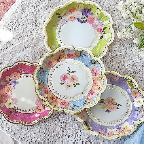 Kate Aspen Updated Vintage Floral Tea Party 7 in. Premium Decorative Paper Plates | Baby Shower or Bridal Shower Party Supplies - Party Plates in Assorted Colors with Gold Foil (Set of 16), …