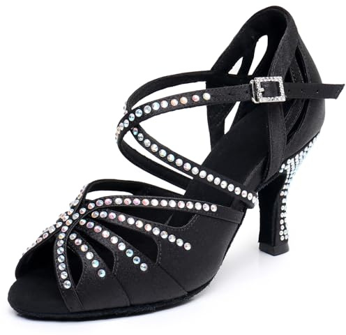 Ballroom Dance Shoes for Women – Salsa Latin Dancing Shoes, Professional 3 Inch Ladies Satin Rhinestone Dance Heels, 3＂Mid Heel Suede Sole Black Size 7