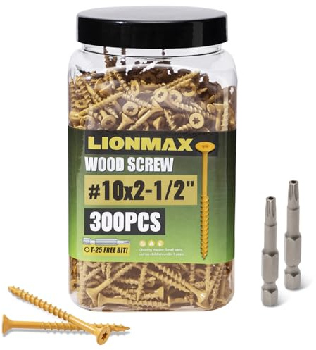 LIONMAX Deck Screws 2-1/2 Inch, Wood Screws #10 x 2-1/2, 300 PCS, Rust Resistant, Exterior Epoxy Coated, Outdoor Decking Screws, Torx/Star Drive Head Deck Screw, T25 Star Bit Included, Tan