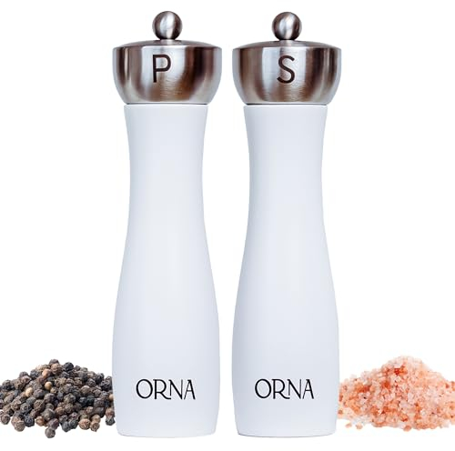 ORNA Salt and Pepper Grinder Set Wooden Pack of 2 – Refillable Adjustable Coarseness Manual Spice Mill Set in Gift Box – 8.5 in / 21.5 cm – White