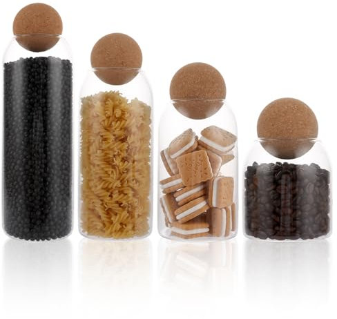 LDXDRU Juego de 4 tarros de cristal con tapa de corcho, 500 + 800 + 1000 + 1300 ml de cristal hermético, para alimentos, cocina, tarros de almacenamiento, para galletas, café, azúcar, especias
