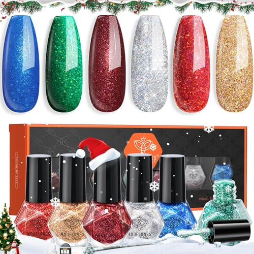 MODELONES Vernis à Ongles Brillant Séchage Rapide, 6 PCS Lot Noël Pailleté Rouge Vert Bleu, à Base D'eau, DIY Nail Art Manucure, Cadeau pour Les Femmes