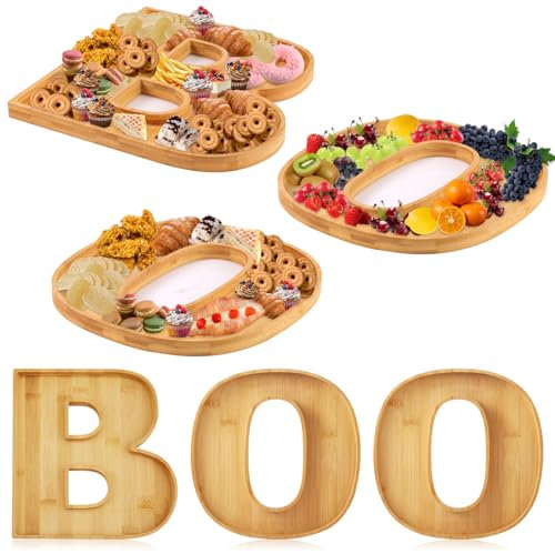 PEUTIER 3pcs Halloween Charcuterie Board, Boo Halloween Cheese Board Wooden Serving Platter Snack Trays Dinnerware Cookware for Home Kitchen Candy Cookie
