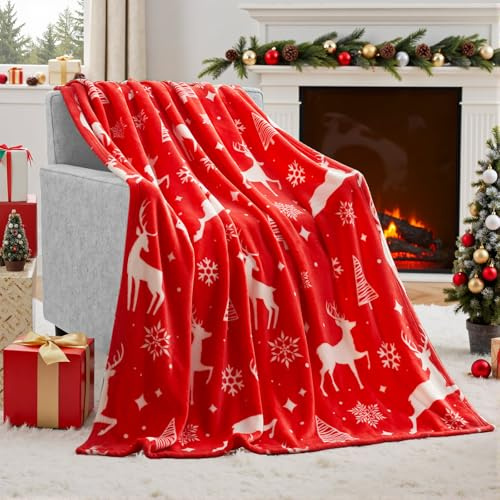 Joiedomi 130x150cm Red Reindeer Christmas Throw Blanket, Soft Flannel Blanket, Warm Plush Christmas Decoration, Winter Cozy Holiday Cabin Throw for Sofa Couch (Red)