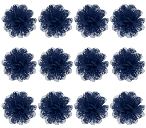 M METERXITY 12-Pack Chiffon Flowers 2.76 x 2.76 Inch Mesh Fabric Flowers Full Chiffon Flowers Hair Clips Flower for Home Decor/Wedding/Headbands/DIY/Party/Garden [Navy Blue]
