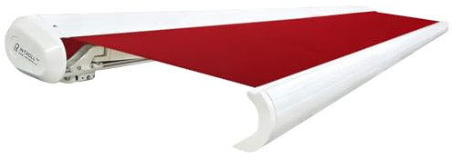 INTELROLL INT500 FULL Cassette Retractable Awning Canopy 5m x 3.5m / 16’5″ x 11’6″ for Garden Patio or Shop Front LED Remote WHITE Frame Stylish RED ACRYLIC 320gsm Fabric