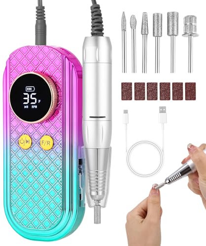 Ponceuse pour Ongles Professionnelle,35000 RPM Portable Rechargeable Avec Affichage LED et 6 Embouts Ponçage pour Pédicure Manucure, Multifunction, Cadeau de Noël pour femmes