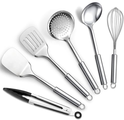 ReaNea Set di utensili da cucina in acciaio inossidabile 6 pezzi include set di spatole in metallo, schiumatoio, mestolo, pinza, frusta, gadget da cucina essenziali