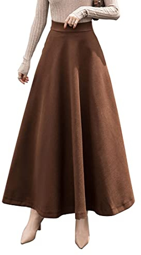 BiilyLi Gonna Lunga Inverno Donna Vintage Vita Alta Elegante Quadri Lana Maxi Skirt A-Linea Gonne 1955 Brown -XL