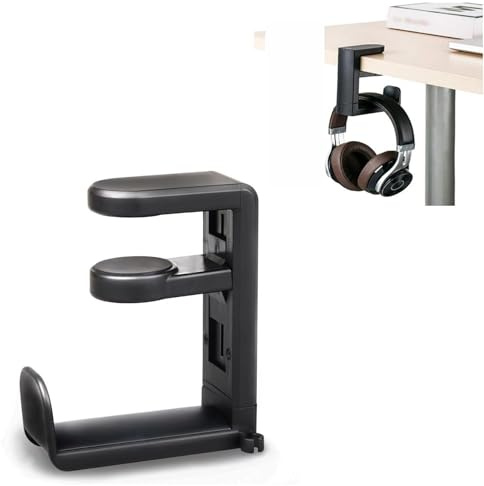 Supporto per cuffie sotto la scrivania, girevole a 360°, supporto per cuffie, cuffie da gioco, con porta cavo, risparmio di spazio, vestibilità universale.