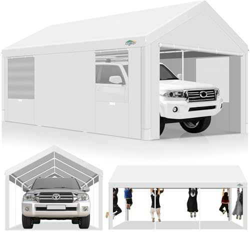 COBIZI Carport 10x20ft Heavy Duty Portable Garage, 2.0 Powder Coated Frame(Better Than Galvanized), Waterproof Shelter with Removable Sidewalls & Windows, Built-in Sandbags, for Car/Boat/SUV, White