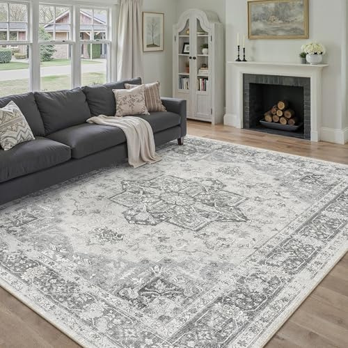 PureCozy Vintage Rugs Living Room Area Rug 200x300cm Washable Grey Bedroom Large Non Slip Soft Carpet Kitchen Bedroom Dining Room Office Indoor Low Pile Carpets