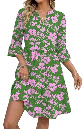 Zeagoo Vestidos Verano Mujer Manga 3/4 Vestido Elegantes Cuello V Rodilla | Vestido Manga Volantes | Vestidos con Bolsillos | Vestido Casual Línea A | Vestidos Suelto | S-2XL