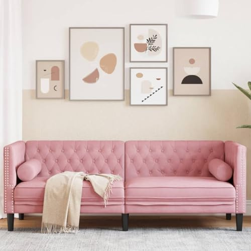 Mimdixy Sofá pequeño Chesterfield con reposacabezas de 3 plazas de terciopelo rosa sofá extensible para sala de estar y dormitorio