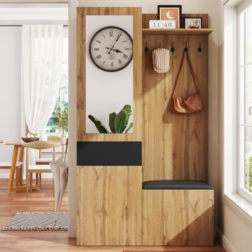 Merax Ensemble vestiaire pour couloir avec armoire à chaussures, 5 crochets porte-manteau, miroir, armoire encastrable avec étagères et tiroirs, étagères de rangement, banc de couloir, couleur bois