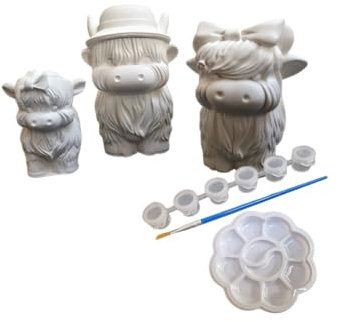 Highland Cow Family Paint Your Own Plaster of Paris Figurine Set, 3 Pieces, with Brush and Palette, Ready to Paint Pottery, Highland Cow Gifts, Cow Lover Gifts