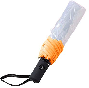 Hacoly transparent Regenschirm Kunststoff durchsichtig Taschenschirm automatischem Knopf Sturmfest Schirm, klein, leicht kompakt, windsicher, stabil,23 * 5cm - Orange