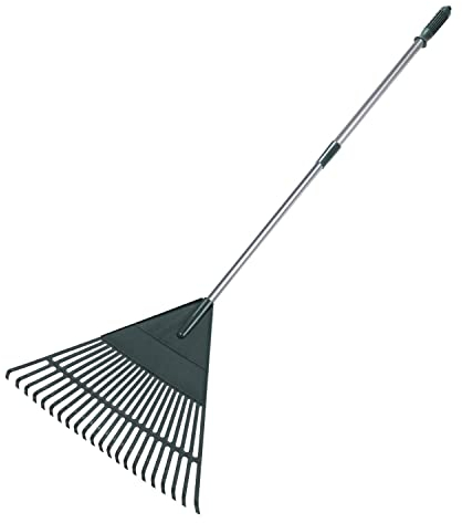 ORIENTOOLS Rastrillo de Hojas de jardín, Mango de Acero Ligero Ajustable, rastrillo de arbustos de Polietileno, Cabeza de plástico, 22 Dientes, 107 cm a 153 cm