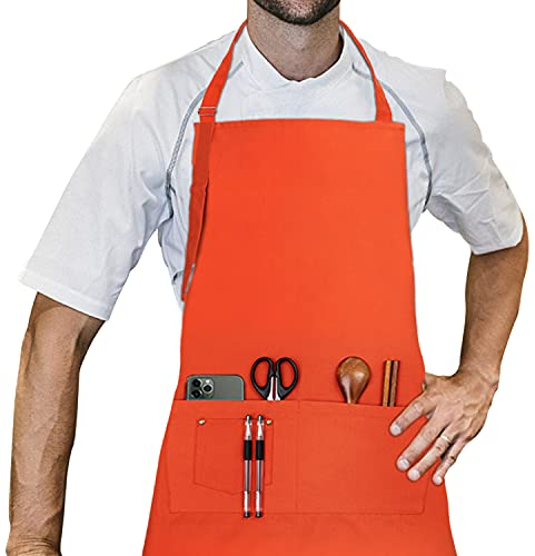 LessMo Tablier, 70 x 85 cm, 100% Tablier de Cuisine en Coton avec Cou réglable Sangle, qualité Professionnelle Tablier BBQ,Orange
