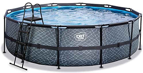 EXIT Toys Stone Pool - ø488x122cm - Piscina de Marco Redondo Grande con Bomba de Filtro de Cartucho - Piscina Extra Profunda - Marco Robusto - Incluye Escalera de Piscina - Diseño Único - Gris