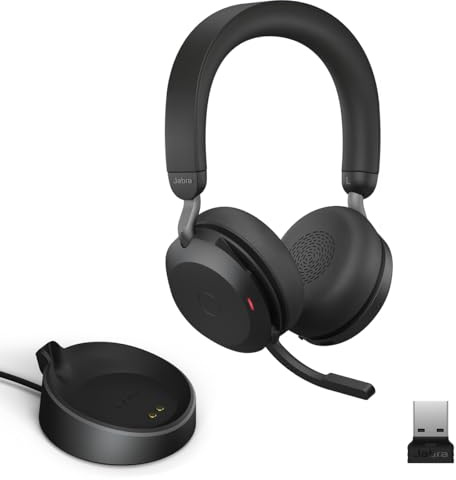 Jabra Evolve2 75 PC trådlöst headset med laddningsstativ och 8-mikrofon-teknik – stereohörlurar med dubbla skum med avancerad aktiv brusreducering, USB-A Bluetooth-adapter och MS-kompatibilitet –