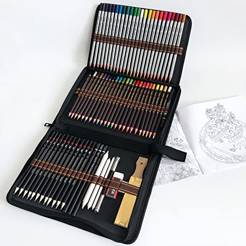 72 Buntstifte Bleistift Set mit Zeichenstiften in Premium Black Zipper Case, Enthält Skizzierstifte und Graphitstift für Kinder und Erwachsene Künstler