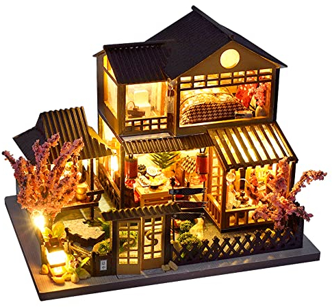Cutebee Maison de poupée en Bois avec Meubles et lumières LED, kit modèle DIY, idée de Mini Maison créative à l’échelle 1:32 (Maison de Jardin de Style Japonais)