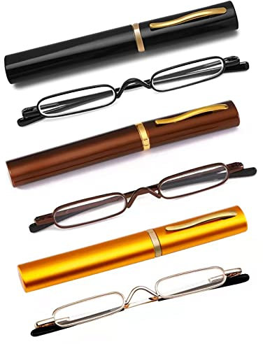 OWTXIS 3 Pack Mini Slim Pen Reading Glasses - Compact Readers with Pen Clip Case Spring Hinge Metal Frame Eyeglasses (Black, Brown, Gold, +3.00)
