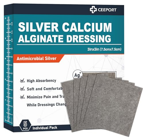 Ceeport Silver Calcium Alginate Wound Dressing 3'' x 3'', 5 Individual Pack, Highly Absorbent Dressing Gauze, Soft and Comfortable Silver Dressing for Wound Care, Non Stick Pads for Wounds