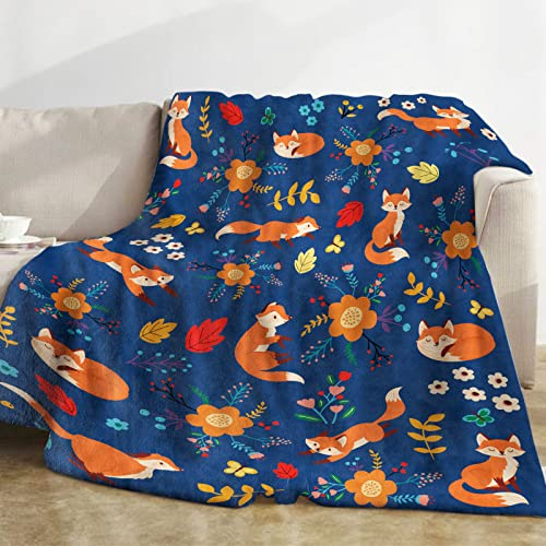 Decke Fuchs Kinder, Blau Kuscheldecke Fuchs mit Blume, Weich Flanell Muster Kuscheldecke, Warm Plüsch Fleece Wohndecke für Teenager Frauen Tochter Frauen Geburtstagsgeschenke Sofa Deko, 130x152cm