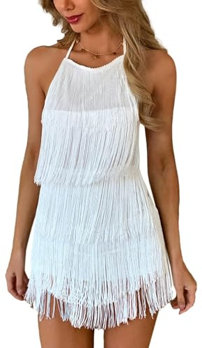 Ella Lust förförisk rygglös overall med fransklänning – damklubb, boho-lekdräkt med tofsar och graderad halterneck, festival-bodysuit, Vit, XS